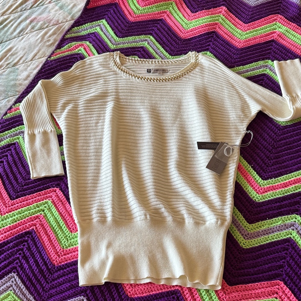 Jennifer Lopez Light Cream Ribbed Knit Top with Gold Chain Neckline
